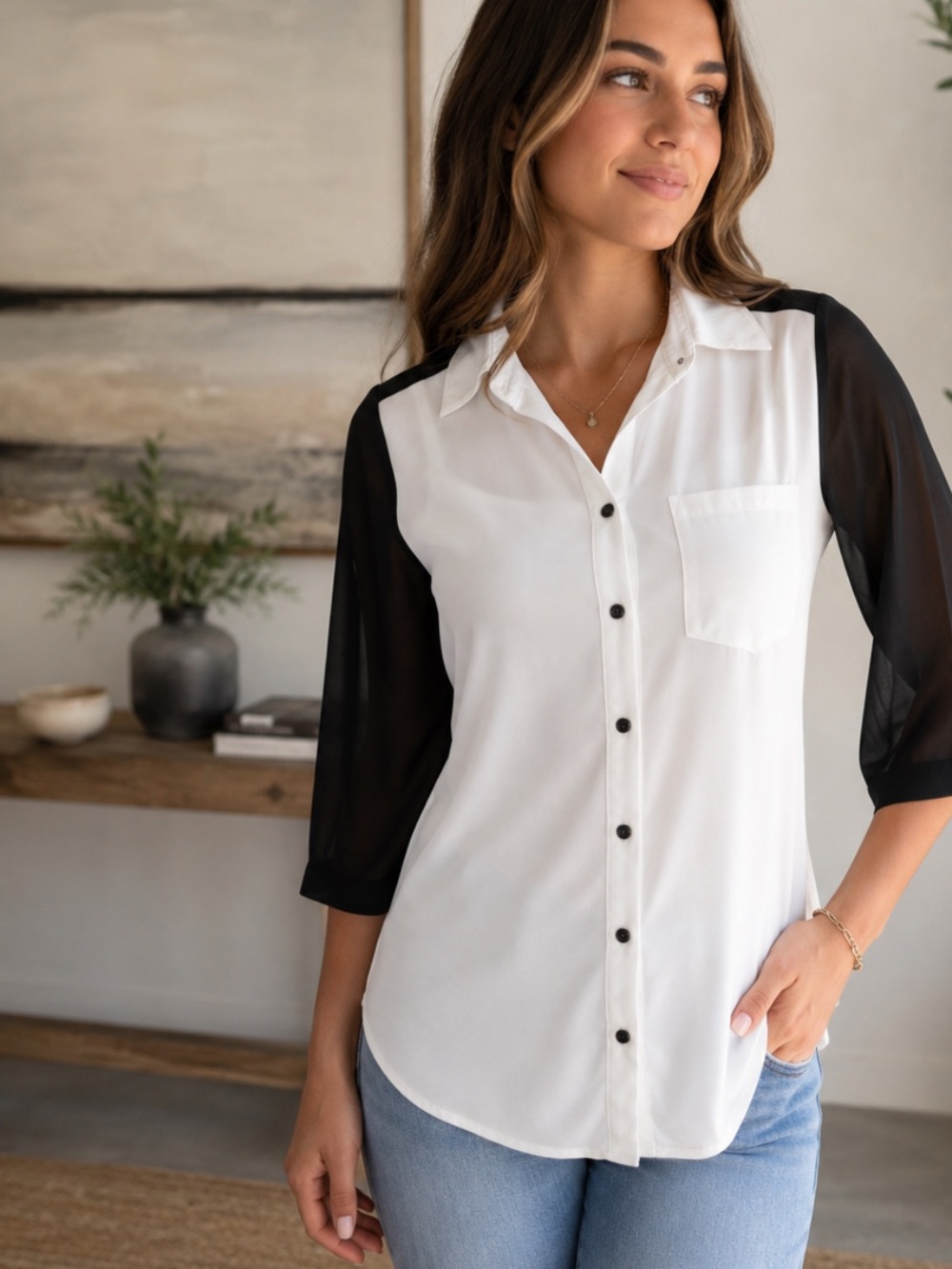 Iz Byer White Button-Front Blouse with Black Sleeves